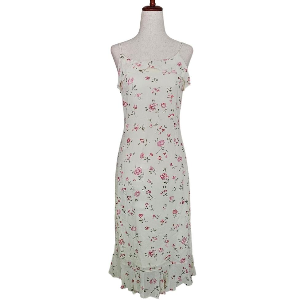 Yellow Floral Midi Mini Dress Ruffles Pink Skinny Straps Vintage y2k 00s Small 2